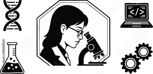 Flat design black and white close up woman scientist looking into microscope with dna helix flask laptop and gears laboratory icons side profile wearing glasses vector