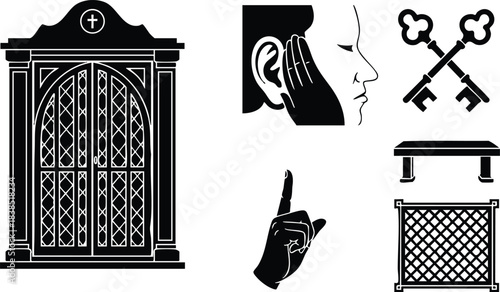 Flat icon set ornate double door with lattice panels side profile ear pointing hand crossed keys bench grille fence black silhouette vector icons for signage editorial