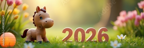 A charming toy horse beside bright flowers and the year 2026, set in a vibrant, sunny garden environment.