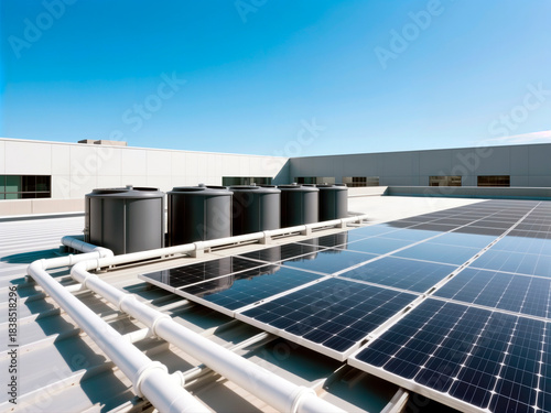 Solar panels and water tanks on a commercial building rooftop.