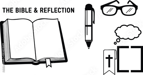 Line art open bible with bookmark and cross and glasses and pen icons arranged for study and reflection in simple monochrome layout close up detail view