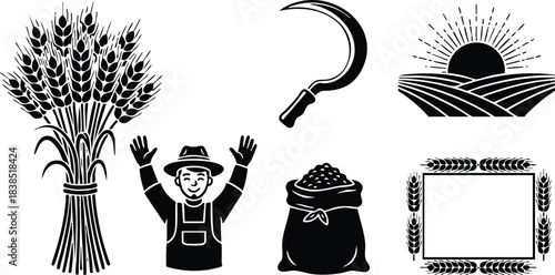 Flat design agricultural icon set showing wheat bundle sickle farmer raising hands grain sack sunrise over field and ornate frame bold silhouette close up front view