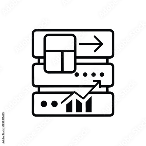 Data migration and analysis icon with servers and charts