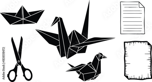 Flat design black origami paper craft icon set showing crane boat small bird scissors and folded papers isolated on white background minimalist vector close up silhouette