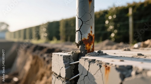 Corroded metal pole with cracked coating protrudes from broken concrete base.