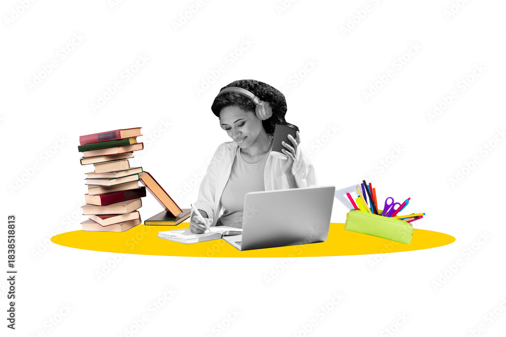 Fototapeta premium Full image pop photo collage of happy student girl wear headphones write homework book education distance learning laptop