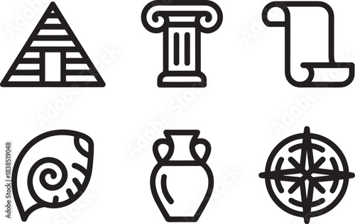 Ancient history vector icons showing pyramid column scroll shell amphora and compass rose