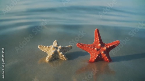 Two Vibrant Starfish Resting on Wet Sand at the Oceans Edge