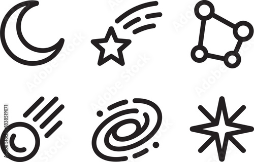 Space and astronomy vector icons showing crescent moon shooting star galaxy and constellation