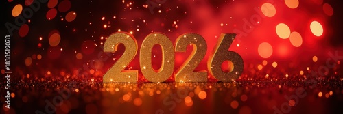 Celebratory 2026 figure on a glimmering background with festive bokeh lights, perfect for new year promotions.