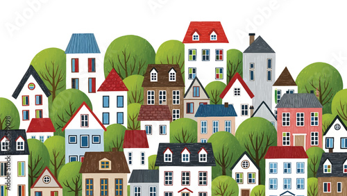 Charming handdrawn colorful neighborhood illustration with many diverse houses nestled among lush green trees creating a vibrant community scene