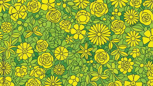 Vibrant yellow flowers and lush green leaves create a beautiful seamless floral pattern illustration in a charming retro style