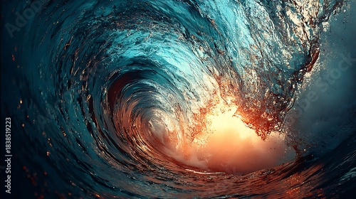 Fototapeta Naklejka Na Ścianę i Meble -  A captivating view of a curling wave, illuminated with vibrant blue and orange hues