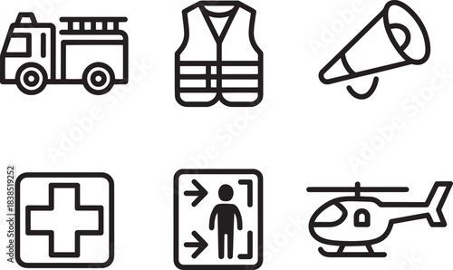 Emergency rescue fire truck graphic outline transport vehicle icon isolated on transparent background