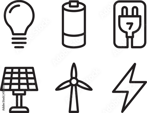 Energy icons set for renewable power sustainability and electrical concepts outline collection