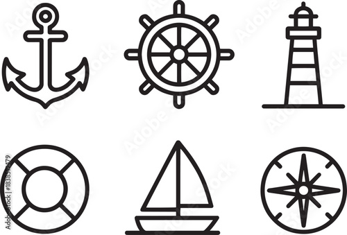 Nautical line icons set of maritime objects for sea travel and navigation collection