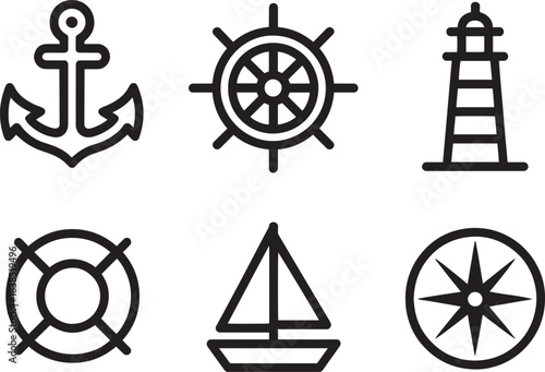 Nautical set of simple outline icons for maritime navigation and sea travel design elements