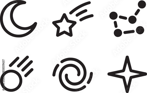Set of cosmic celestial astronomy icons representing night sky objects and space phenomena