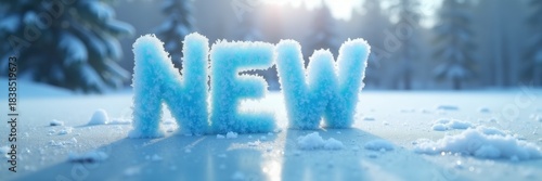 Frosty 'new' text in a snowy landscape; a fresh beginning amidst winter serenity and tranquil nature.