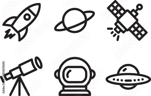 Set of simple black outline icons representing various space exploration and astronomy objects