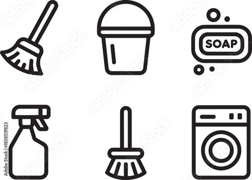 Set of six essential cleaning and housekeeping tools vector icons for home maintenance concepts