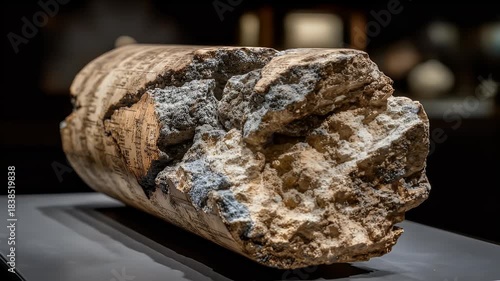 Ancient Fossilized Mammoth Tusk Displayed in Museum Exhibit.