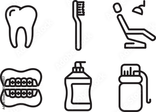 Set of six outline icons related to dentistry hygiene and dental care equipment