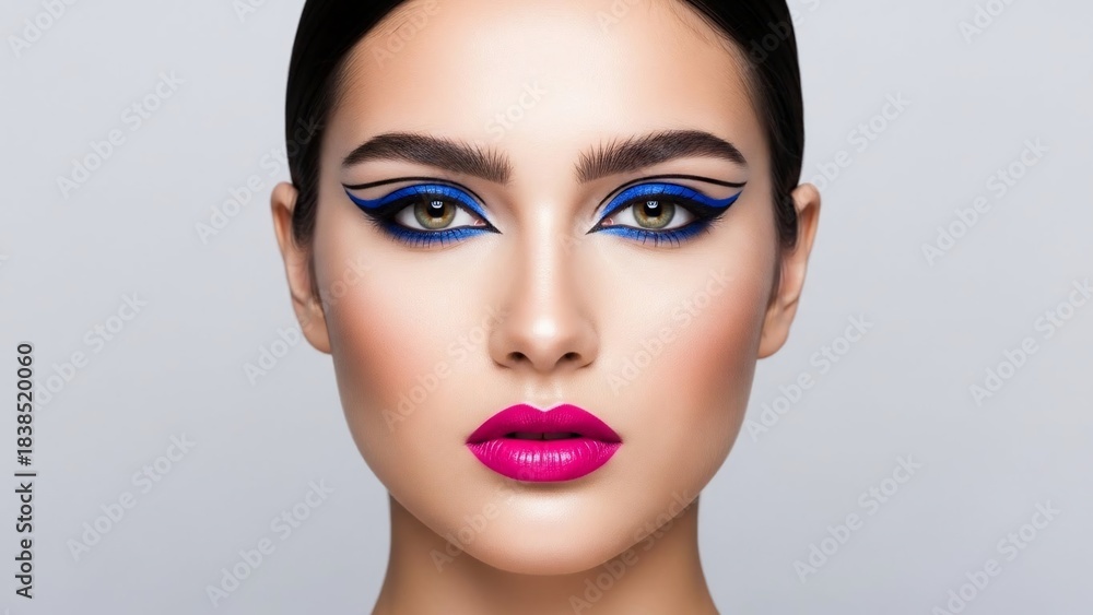 Fototapeta premium Bold Eye Glamour: A striking close-up unveils exquisite makeup artistry, accentuating the allure of eyes with a captivating blend of deep blue hues, perfectly complemented by a vibrant, bold pink lip.
