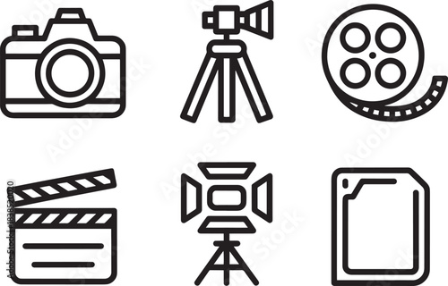 Set of six thin line icons representing various equipment related to photography and film production