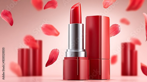 A close-up of a red lipstick with falling rose petals on a pastel pink background © acc