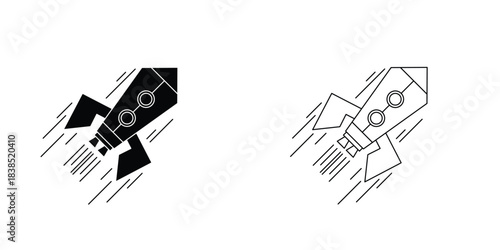 This silhouette icon represents a classic rocket, categorized as a space, startup, and innovation-themed icon. It illustrates the idea of launching, progress, exploration, growth