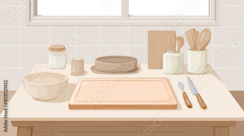 Simple cooking scene: Beige table with cutting board, utensils, and empty space.