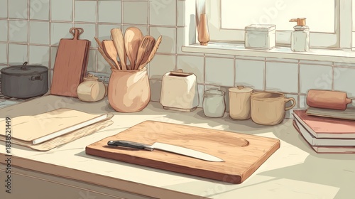 Simple cooking scene: Beige table with cutting board, utensils, and empty space.