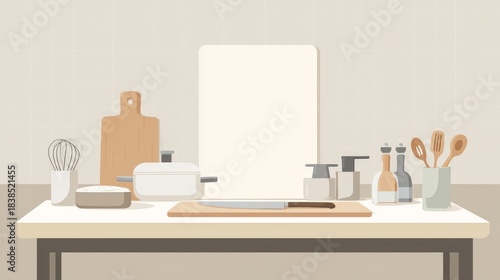 Simple cooking scene: Beige table with cutting board, utensils, and empty space.