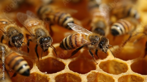 Honey bees on honeycomb with sealed baby bees
