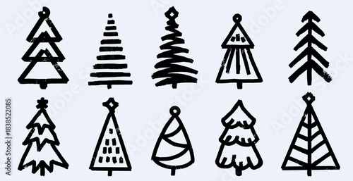 Set of Christmas tree icons in grunge style. Bald hand brushed lines for emblems or Christmas patterns.