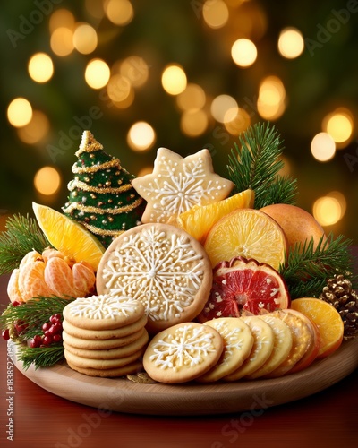 Christmas Cookies and Fresh Citrus Fruit Platter with Holiday Decorations – Festive Dessert Arrangement 