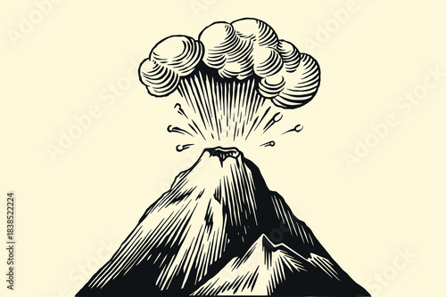 Volcano eruption or explosion sample icon design for inspiration. Hand drawn woodcut or engraved Emblem or icon for education or study usage. Geology and science element.