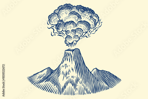 Volcano eruption or explosion sample icon design for inspiration. Hand drawn woodcut or engraved Emblem or icon for education or study usage. Geology and science element.