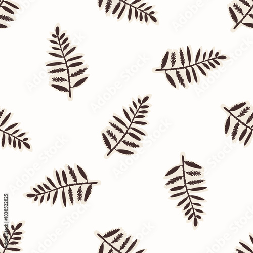 Seamless fern leaf vector pattern. For woodland nature home decor, linocut forest motif wallpaper. Whimsical leaf all over print. 
