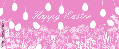 Easter pink banner Hand drawn. Not AI, vector illustration