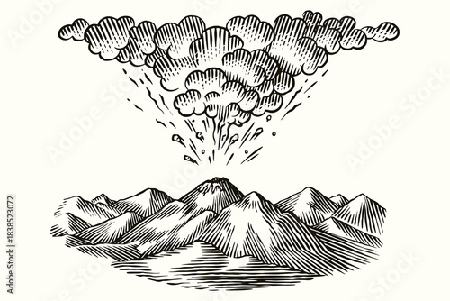 Volcano eruption or explosion sample icon design for inspiration. Hand drawn woodcut or engraved Emblem or icon for education or study usage. Geology and science element.