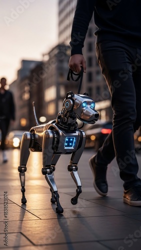 Robotic Dog's Promenade in the City: A person walks a cutting-edge robotic dog, its metallic frame gleaming against the backdrop of an urban landscape.