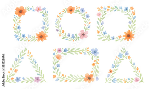 Watercolor floral frames set, traced vector. Botanical empty shapes and place holders with leaves and flowers. Text boxes and sale forms. Triangles, squares and circle