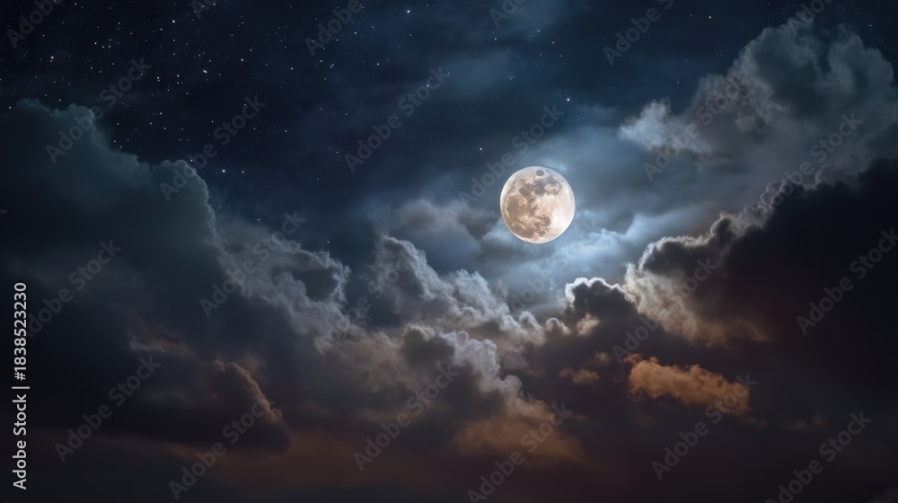 Fototapeta premium The bright moon lights up the night sky as it shines through thick clouds. Stars are visible in the dark space above creating a clear night view.