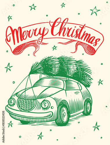 Christmas gift card. Merry Christmas concept with retro car with a fir tree on its roof. Hand drawn elements in dot work style for invitation to a party 
