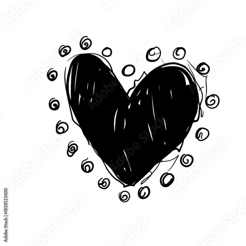 Black heart design with circular patterns drawn on a white background during an artistic project