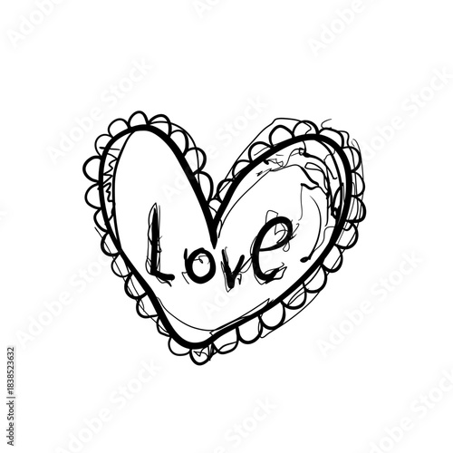 Heart shape with the word love drawn in the center with a simple design