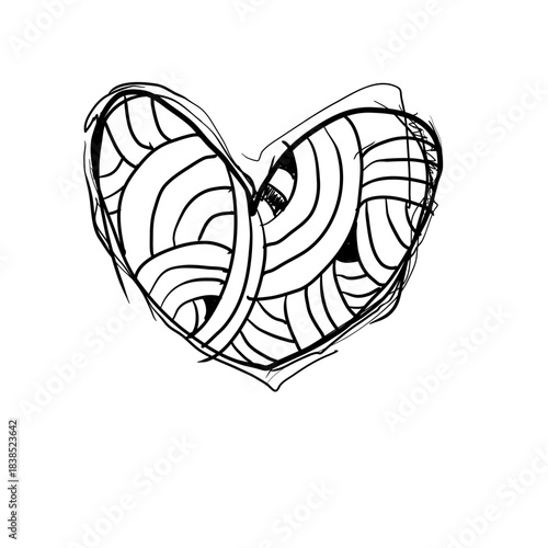 Drawing of a heart with abstract lines and patterns in black and white on a plain background