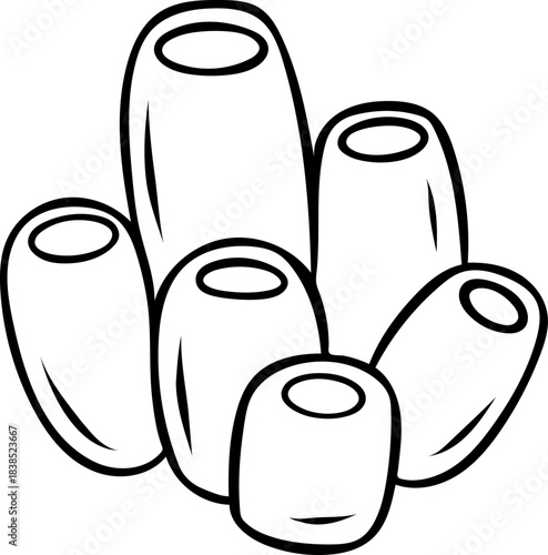 Simple black and white icon set as a doodle, a sea sponge in sketch style representing underwater marine life. Minimalist illustration for marine biology themes